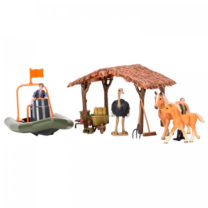 Игровые наборы Masai Mara Набор фигурок животных На ферме (ферма, лошади, страус, лодка, фермеры, инвентарь)