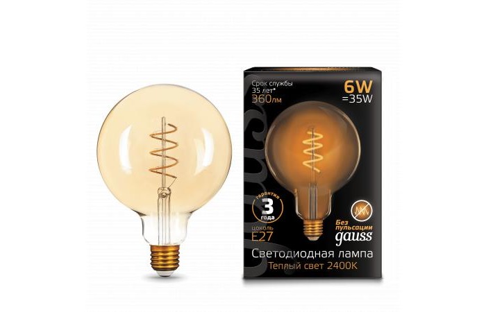 Светильник Gauss Лампа Filament Flexible LED G120 E27 6W 360lm 2400К 158802008 - фото 1