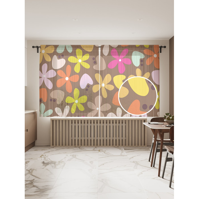 Шторы JoyArty Фототюль Яркий цветочный минимализм 2 полотна со шторной лентой + 50 крючков 145x180 см штора для кухни на ленте листья 145х180 см разноцветная