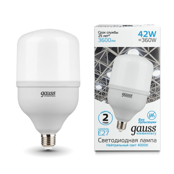 

Светильник Gauss Лампа Elementary T120 42W 3600lm 4000K E27 LED, Лампа Elementary T120 42W 3600lm 4000K E27 LED