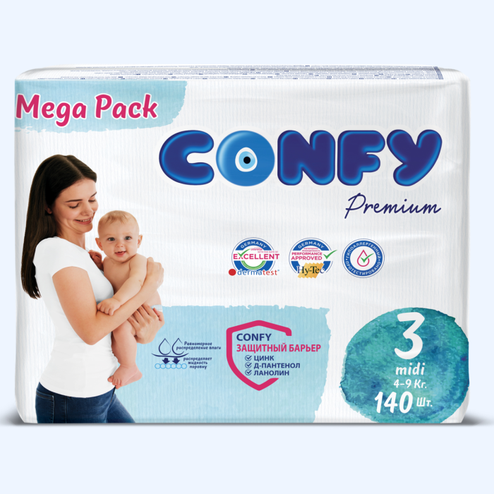  Confy Подгузники детские р.3 (4-9 кг) 140 шт. Мега Бокс