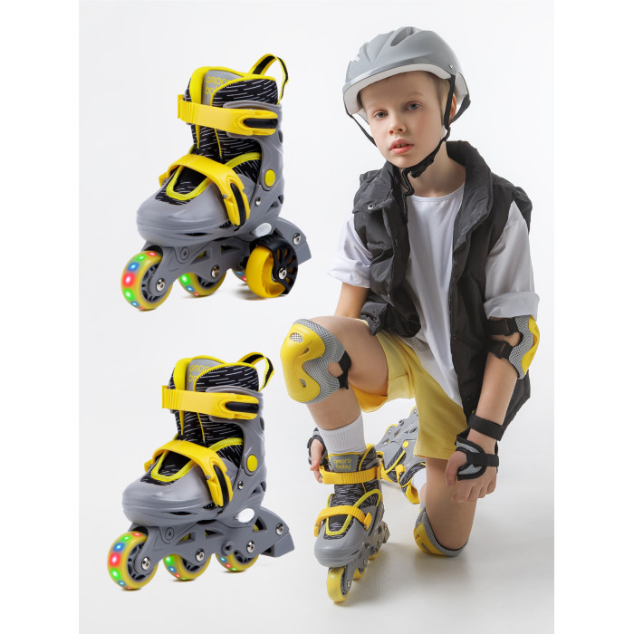 Детские ролики AmaroBaby раздвижные со светящимися колесами и защитой Glide ходунки детские с электронной игровой панелью amarobaby running baby серый