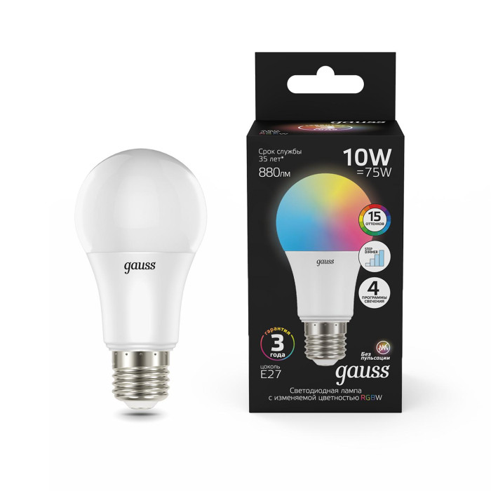

Светильник Gauss Лампа A60 10W E27 RGBW+димирование LED, Лампа A60 10W E27 RGBW+димирование LED