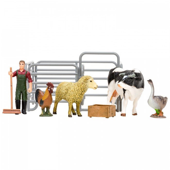 Masai Mara Игрушки фигурки На ферме (фермер, корова, овца, петух, гусь, ограждение-загон, инвентарь)