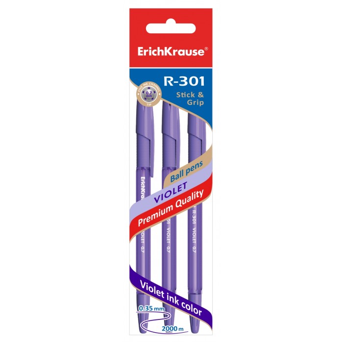  ErichKrause Ручка шариковая R-301 Stick&Grip фиолетовая 0.7 мм 3 шт.
