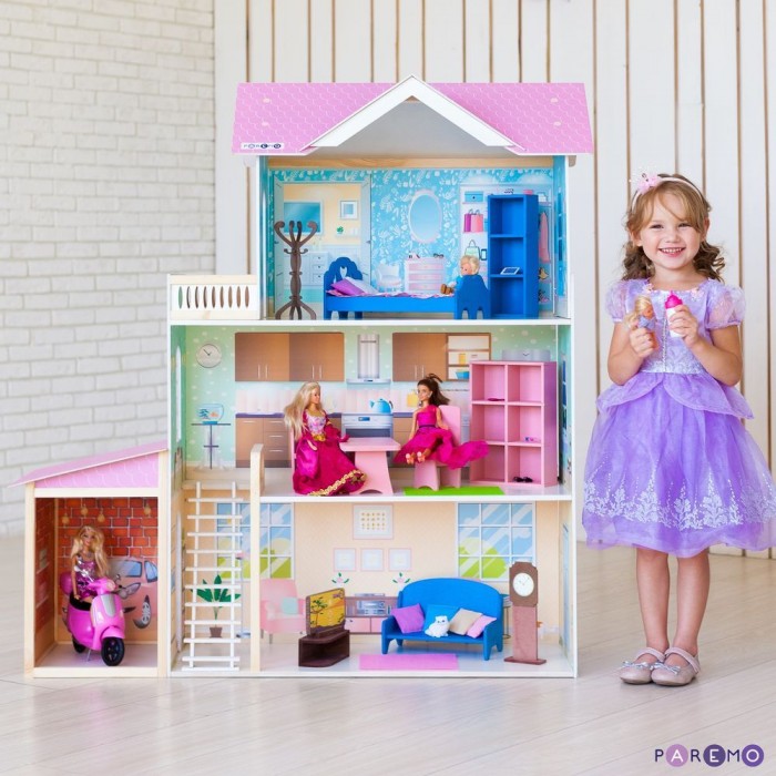 фото Paremo деревянный кукольный домик розали гранд с мебелью и гаражом (11 предметов)