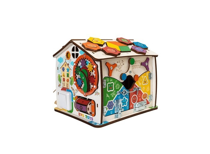 Деревянные игрушки Evotoys Бизиборд развивающий дом, в котором живут Смайлики 25х25 см
