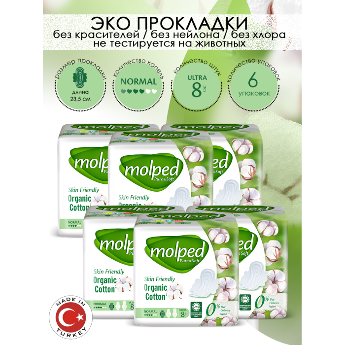 цена Гигиенические прокладки Molped Гигиенические прокладки Pure&Soft Normal 8 шт. 6 упаковок