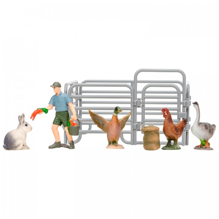 Игровые фигурки Masai Mara Игрушки фигурки На ферме (фермер, кролик, утка, курица, гусь, ограждение-загон, инвентарь)