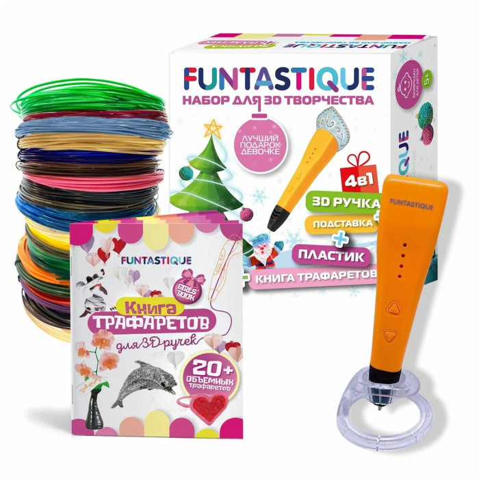 Funtastique Новогодний набор для 3Д творчества 4 в 1: 3D-ручка Cleo с подставкой, книжка с трафаретами