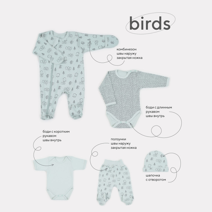 Mowbaby Комплект для новорожденного Birds (5 предметов)