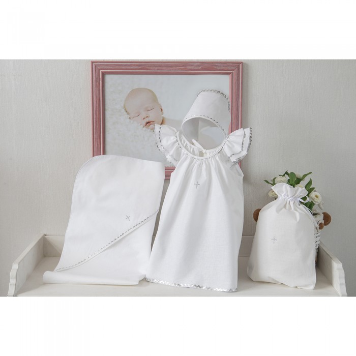 Крестильная одежда Pituso Комплект для крещения девочки (платье, чепчик, пеленка, мешочек) чепчик размер 0 3 мес бежевый белый