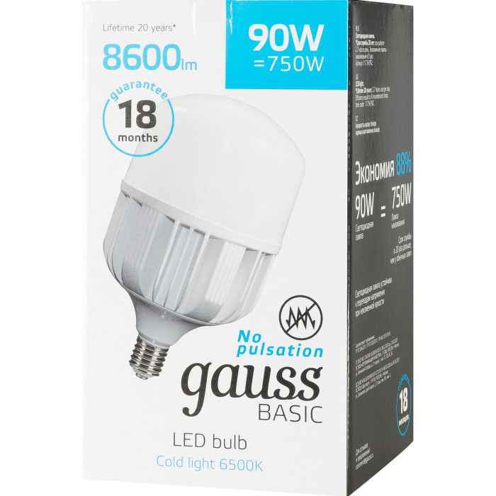 

Светильник Gauss Лампа Basic T160 AC180-240V 90W 8600lm 6500K E40 LED, Лампа Basic T160 AC180-240V 90W 8600lm 6500K E40 LED