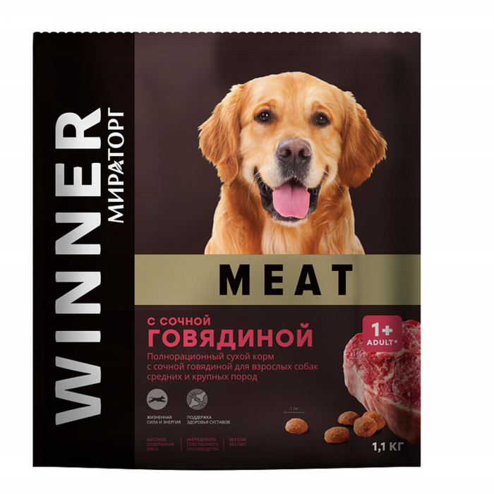 Мираторг Сухой корм для взрослых собак средних и крупных пород Meat с сочной говядиной 1.1 кг 8 шт. 1010017166 - фото 1