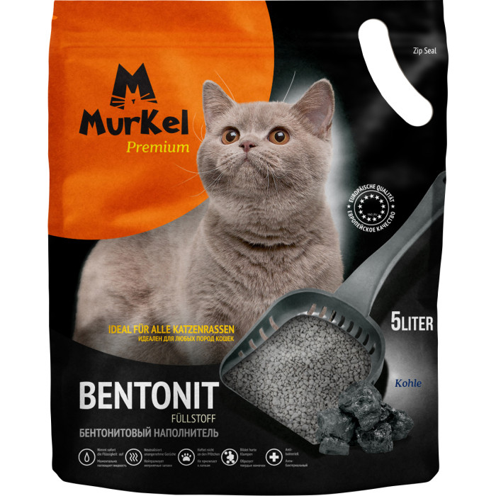 Murkel Наполнитель для кошачьего туалета бентонит активированный уголь 5 л