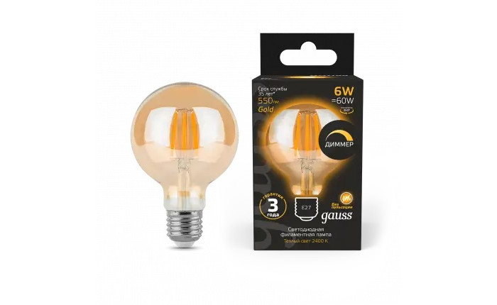 

Светильник Gauss Лампа Filament LED диммируемаяgolden Е27 G95 6W 620lm 2400К, Лампа Filament LED диммируемаяgolden Е27 G95 6W 620lm 2400К