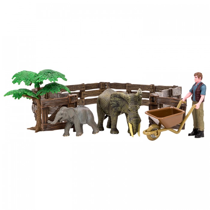 Masai Mara Игрушки фигурки На ферме (фермер, слон и слоненок, ограждение-загон, дерево, тележка)