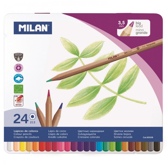 Карандаши, восковые мелки, пастель Milan Карандаши цветные 24 цвета шестигранные в металлической упаковке 80058