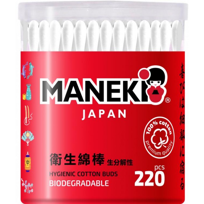  Maneki Палочки ватные гигиенические Red с белым бумажным стиком в пластиковом стакане 220 шт.