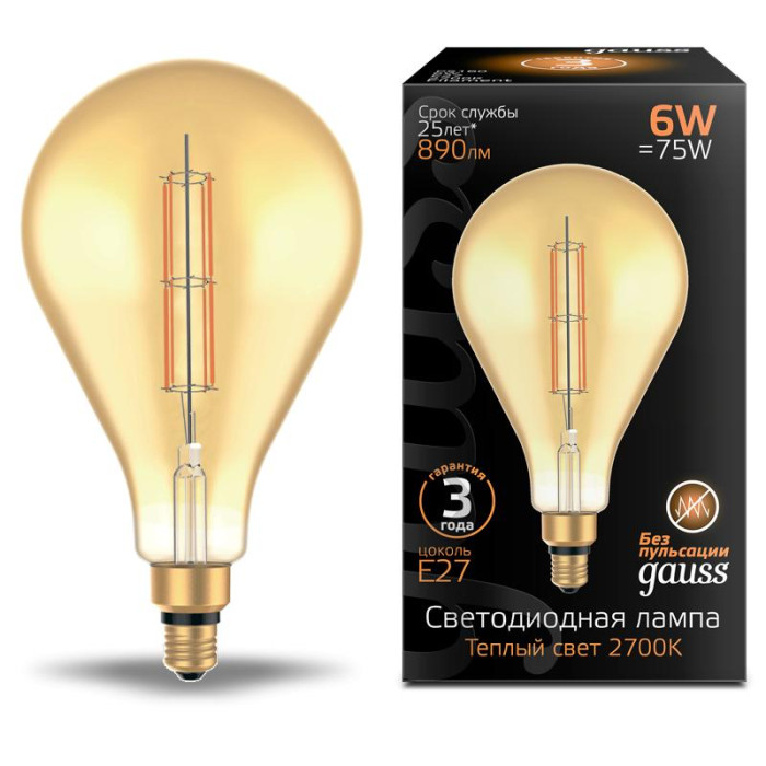 

Светильник Gauss Лампа Filament LED golden straight Е27 PS160 6W 890lm 2700К, Лампа Filament LED golden straight Е27 PS160 6W 890lm 2700К