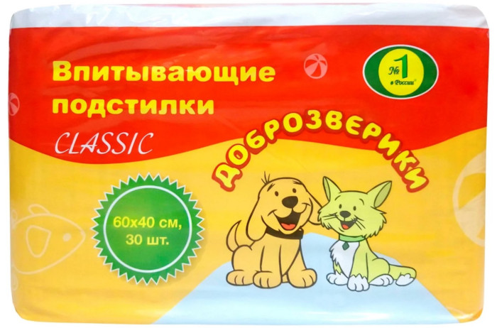 

Доброзверики Подстилки впитывающие одноразовые для животных Classic 60х40 см 30 шт., Подстилки впитывающие одноразовые для животных Classic 60х40 см 30 шт.