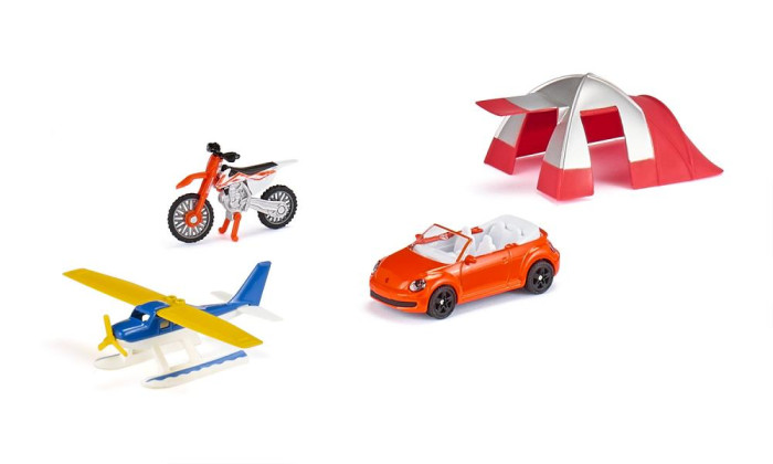 Игровые наборы Siku Набор: Машина, мотоцикл, водный самолет, палатка