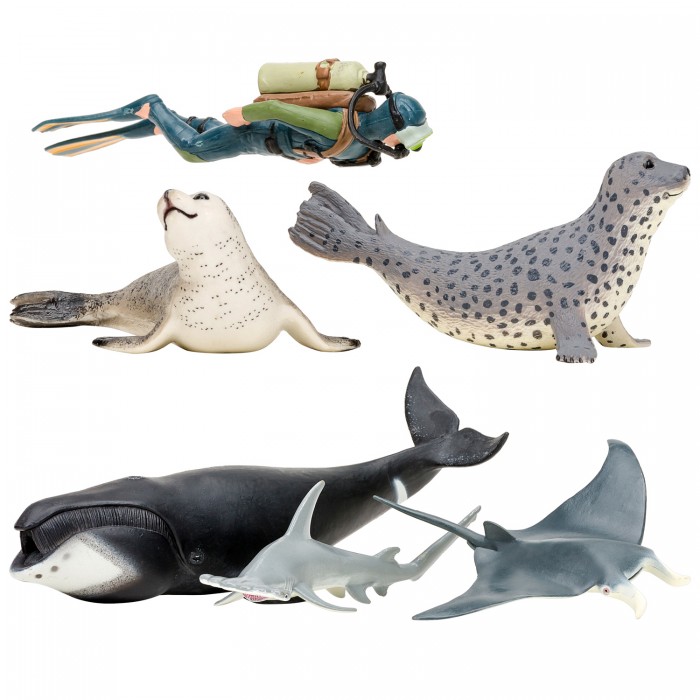 Игровые фигурки Masai Mara Набор Фигурок Мир морских животных (кит, рыбка-молот, манта, морской леопард, дайвер)