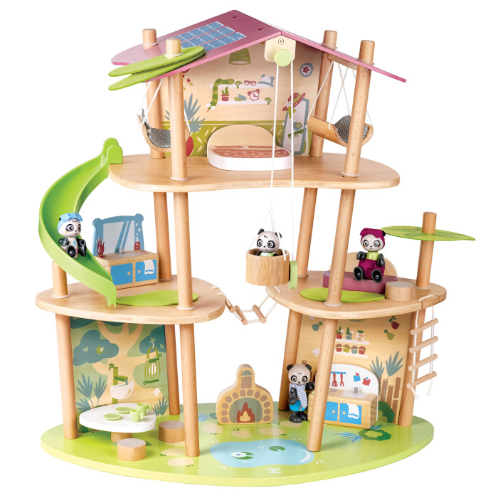 Кукольные домики и мебель Hape Кукольный мини-домик Бамбуковый дом семьи панд с фигурками и мебелью