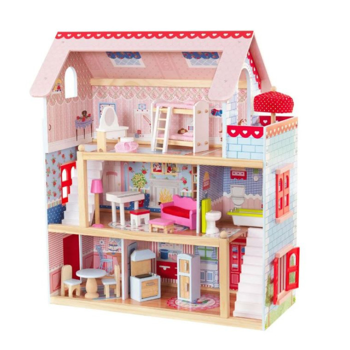 Кукольные домики и мебель KidKraft Кукольный домик Открытый коттедж Chelsea с мебелью 19 элементов