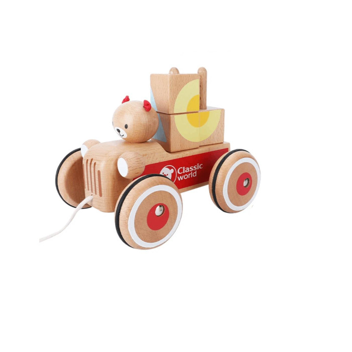 Каталка-игрушка Classic World Машинка на веревочке Мишка с кубиками