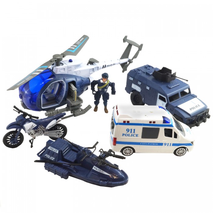 цена Игровые наборы HK Industries Игровой набор Полицейские, машина, грузовик, вертолет, лодка с функцией Try Me