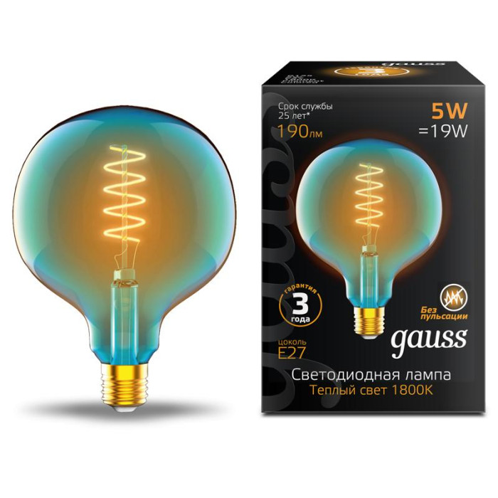 

Светильник Gauss Лампа Filament LED flexible Е27 G125 5W 190lm 1800К, Лампа Filament LED flexible Е27 G125 5W 190lm 1800К