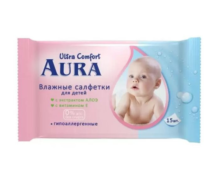  Aura Ultra Comfort Влажные салфетки для детей Алое+Витамины 15 шт.