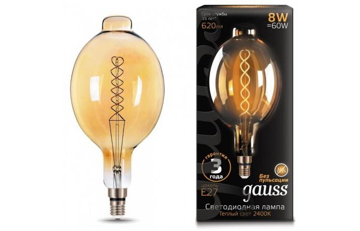 

Светильник Gauss Лампа Vintage Filament Flexible LED BT180 8W E27 620lm 2400K, Лампа Vintage Filament Flexible LED BT180 8W E27 620lm 2400K
