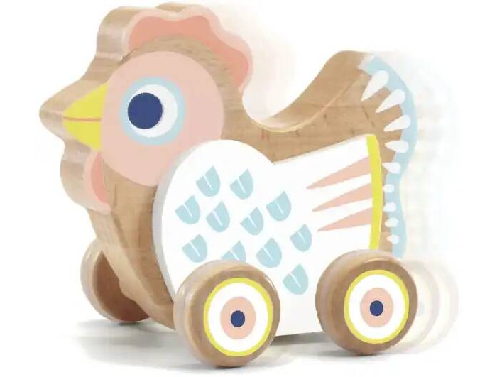 Деревянные игрушки Djeco Шарманка на колесах Курочка деревянная каталка курочка с 2 яйцами детская логика