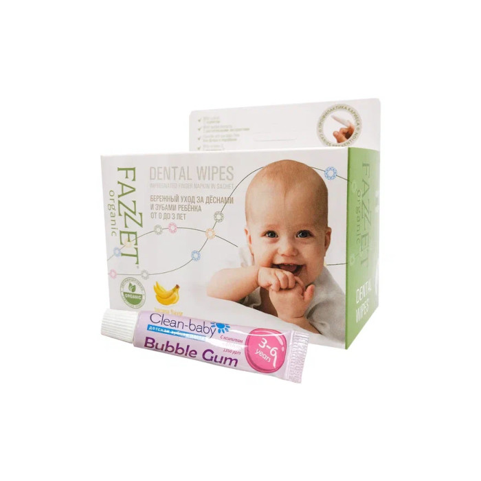  Fazzet Салфетки детские с ксилитом Organic Dental Wipes 28 шт. + зубная паста Bubble Gum