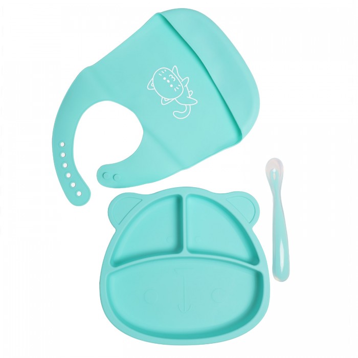 Baby Nice (ОТК) Комплект детской посуды из силикона: тарелка с ложкой и нагрудник