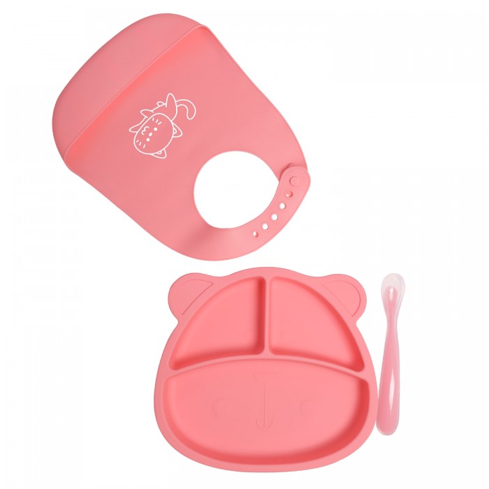 Baby Nice (ОТК) Комплект детской посуды из силикона: тарелка с ложкой и нагрудник
