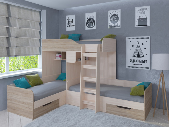фото Подростковая кровать рв-мебель двухъярусная трио (дуб молочный)
