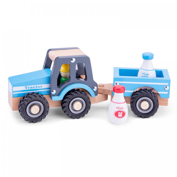 Деревянные игрушки New Cassic Toys Трактор с прицепом молоко