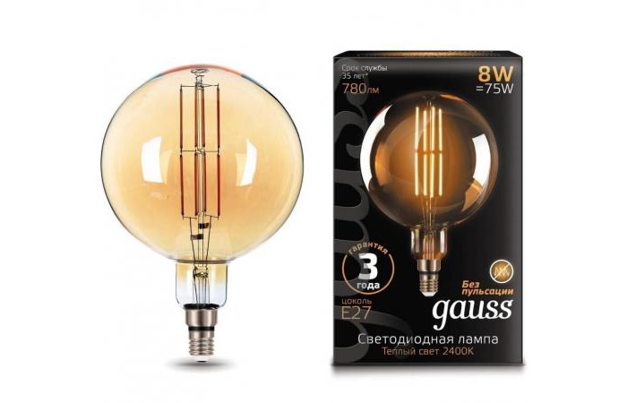 

Светильник Gauss Лампа Vintage Filament Flexible LED G200 8W E27 780lm 2400K, Лампа Vintage Filament Flexible LED G200 8W E27 780lm 2400K