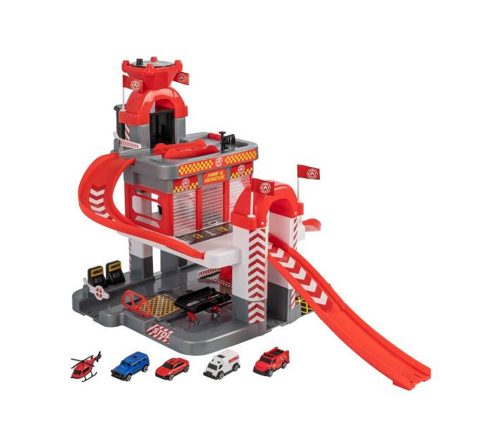 игровой набор junfa пожарная станция машинка станция аксессуары в коробке Машины HTI Teamsterz Трехуровневая пожарная парковка с 5 машинками