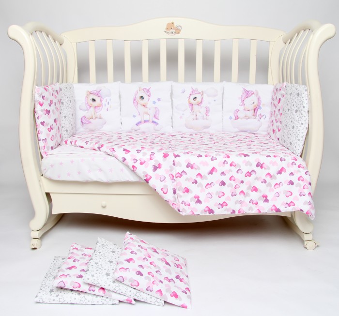 фото Комплект в кроватку подушкино со съемными наволочками панно подушками единорожки (6 предметов)