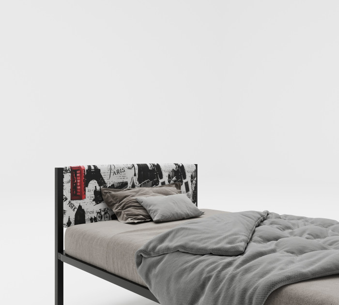 Подростковая кровать ROOMIROOM односпальная металлическая с мягким изголовьем Город 200х90