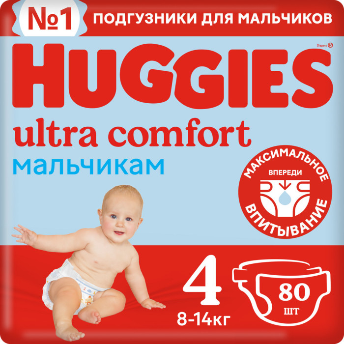  Huggies Подгузники Ultra Comfort для мальчиков 8-14 кг 4 размер 80 шт.