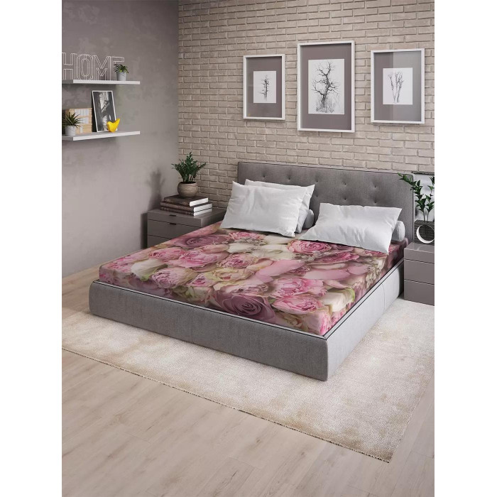 фото Ambesonne натяжная простыня на двуспальную кровать розовый букет 200х180 см