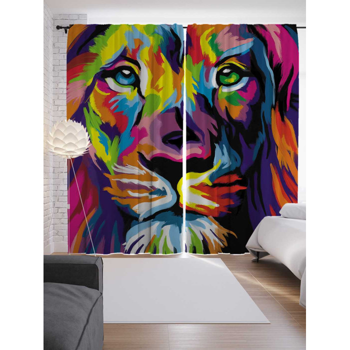 JoyArty Шторы с фотопечатью Лев в ярких красках из сатена 290х265 см