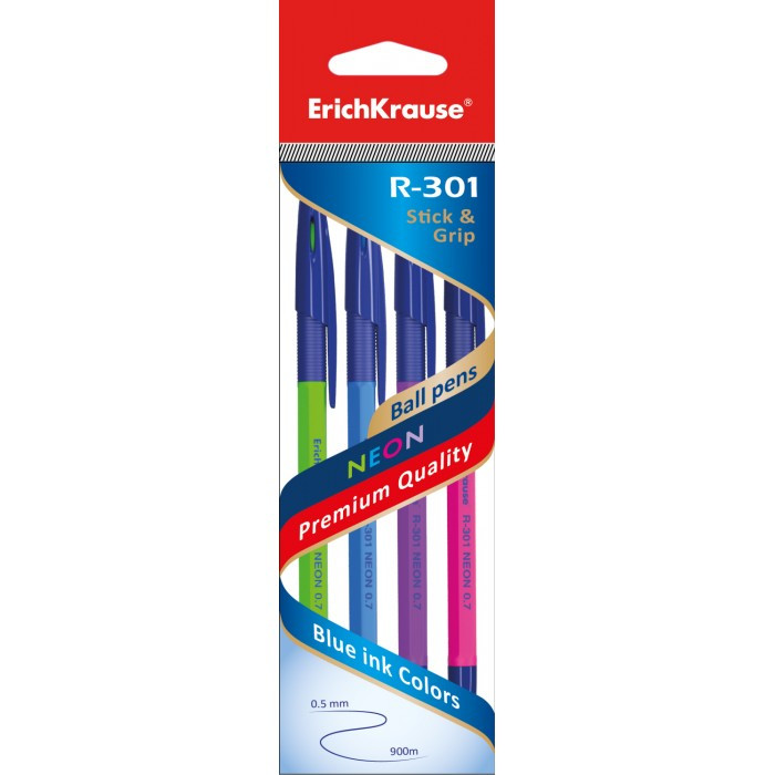  ErichKrause Ручка шариковая R-301 Neon Stick&Grip синяя 0.7 мм 4 шт. 5 упаковок