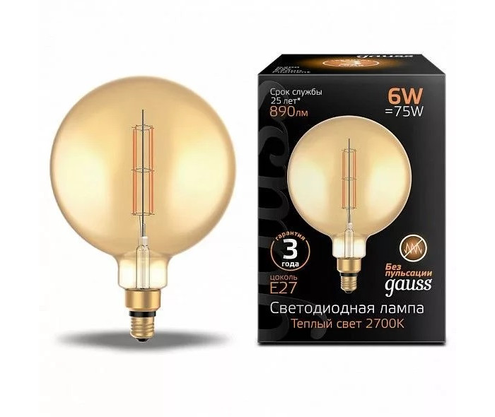 

Светильник Gauss Лампа Filament LED golden straight Е27 G200 6W 890lm 2700К, Лампа Filament LED golden straight Е27 G200 6W 890lm 2700К