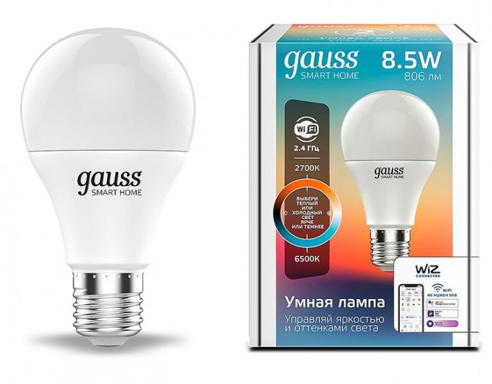

Светильник Gauss Лампа Светодиодная Smart Home DIM+CCT E27 A60 8.5 Вт, Лампа Светодиодная Smart Home DIM+CCT E27 A60 8.5 Вт